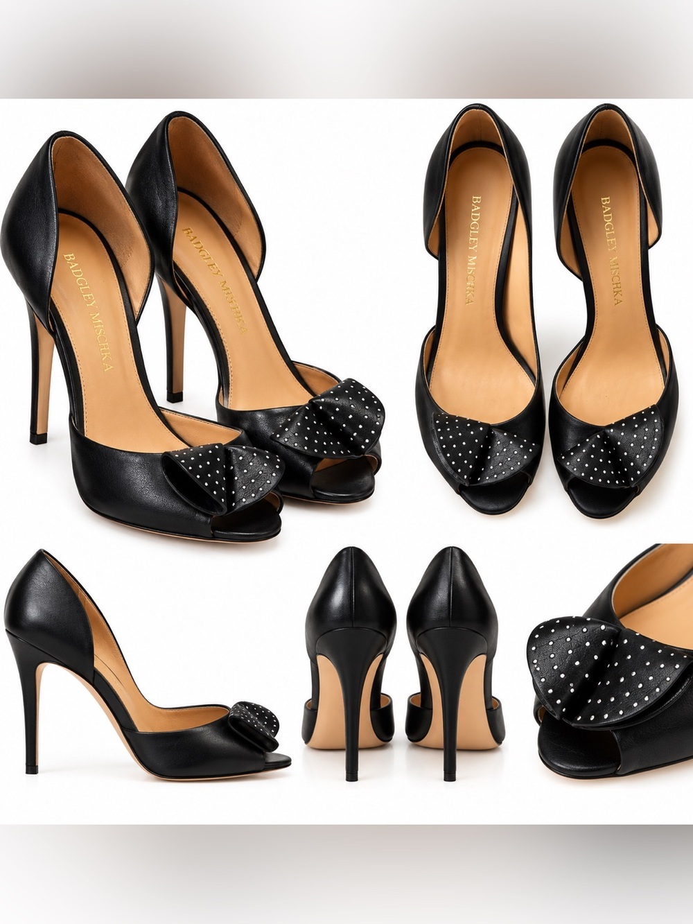 Badgley Mischka Black Leather Studded Bow Peep Toe D’Orsay Stiletto Heels